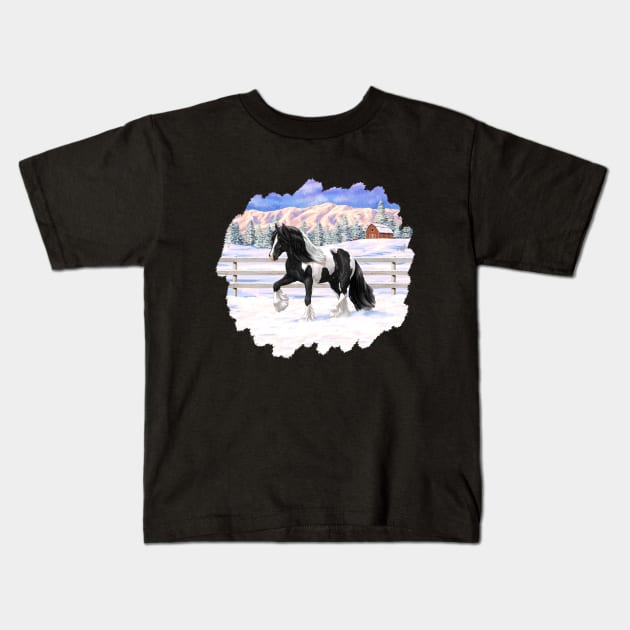 Black Pinto Piebald Gypsy Vanner Draft Horse Trotting in Snow Kids T-Shirt by csforest